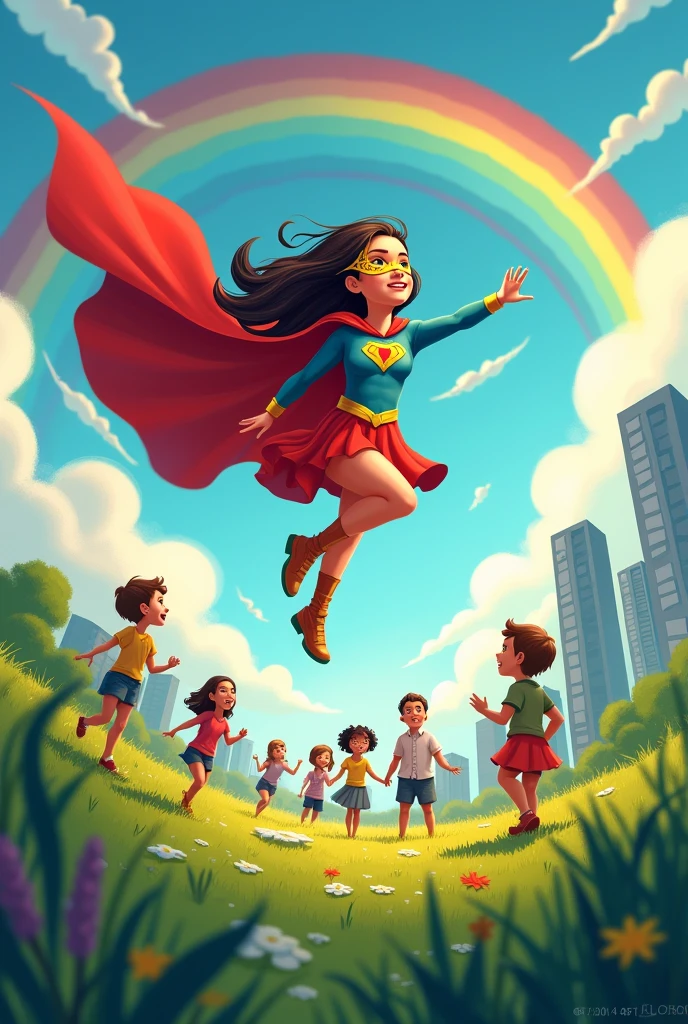CREATE A STORY COVER WITH A GIRL SUPERHERO FLYING AND WEARING A MASK DECORATED WITH GOLDEN HEARTS AND WEARING A CAPE, IN A FIELD WHERE THERE ARE MANY HAPPY CHILDREN LOOKING UP AT THE SUPERHERO, LET'S SEE A RAINBOW AND A LOT OF VEGETATION, THAT HAS AN URBAN ATMOSPHERE TOO
