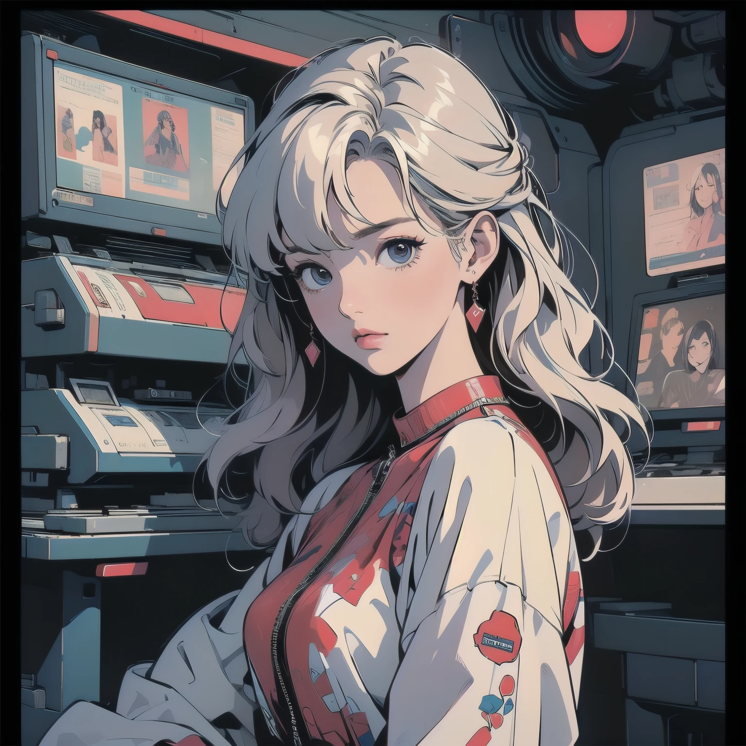 (((masterpiece, Highest quality)))、(((32K Wallpapers)))、The most detailed machine、(((The most complete and detailed red futuristic machine and a woman)))、The most detailed background、(((Flat Chest)))、(((Surrounded by many complex, sophisticated, futuristic machines)))、head shot,((((more various angle))))、((Overall colorfully))、A perfect machine、(((Perfect Face)))、(((The most complete machine of the future)))、Detailed Hair、Short sleeve white T-shirt、colorful hair