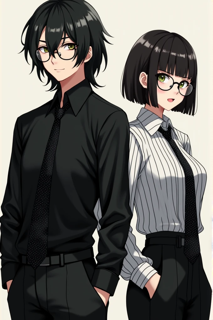 Un garçon avec une chemise noire et une cravate noire avec des petits points blancs cheveux longs et noire et une fille coupe de cheveux au carré avec des yeux verts et des lunettes, avec une chemise noire à rayures blanches