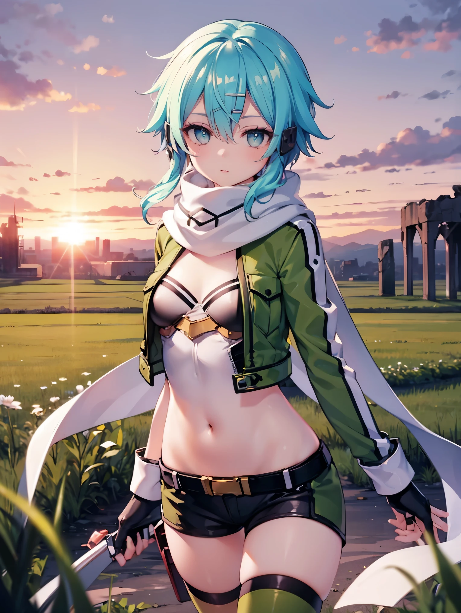 (masterpiece), best quality, expressive eyes, perfect face, highres, sinon1, scarf, fingerless gloves, long sleeves, short shorts,groin, hair ornament, hairclip, green thighhighs, green jacket,covered_nipples, thigh strap, field, sunset_ruins_landscape_background, ruined structures, dynamic_posing, looking at the viewer,,covered_navel,