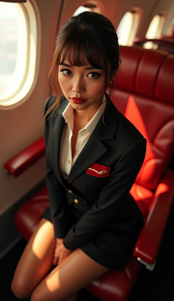 Very beautiful stewardess, Kneeling and looking up at the camera, In-flight, In front of the seat