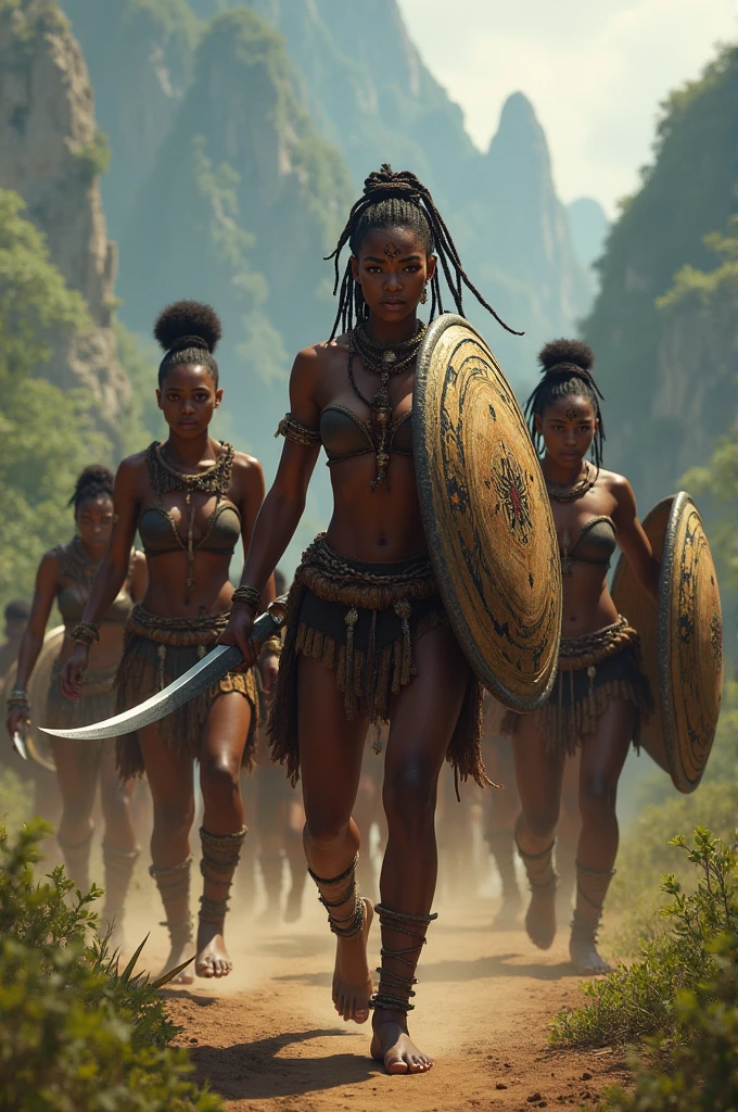 African female warriors with cutlasses and shields