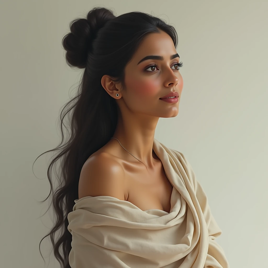 A 50 years old indian woman, very long hair bun style, fully naked, in hijab, cute face,