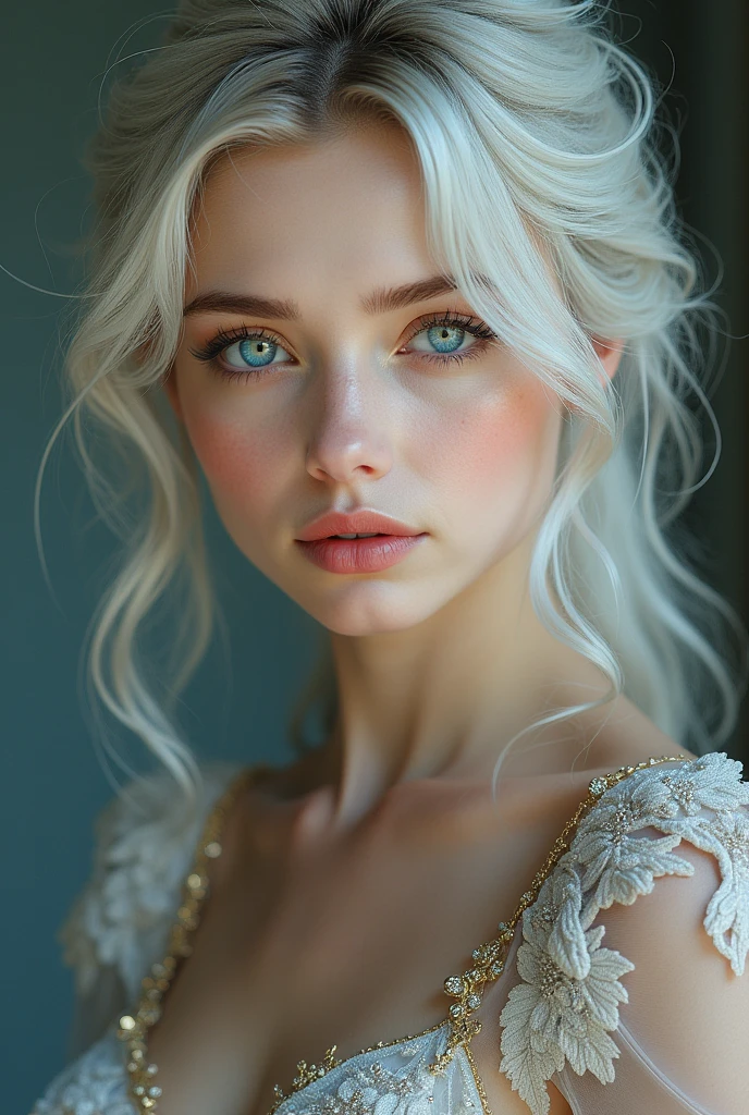 a close up of a woman , ager,18 yo, elegant render, half body photo, photoshop render,  beautiful young woman, detailed face, extravagant dress, beauty girl, very femenine, silver White hair ,blue turquoise eyes , streetwear clothings 