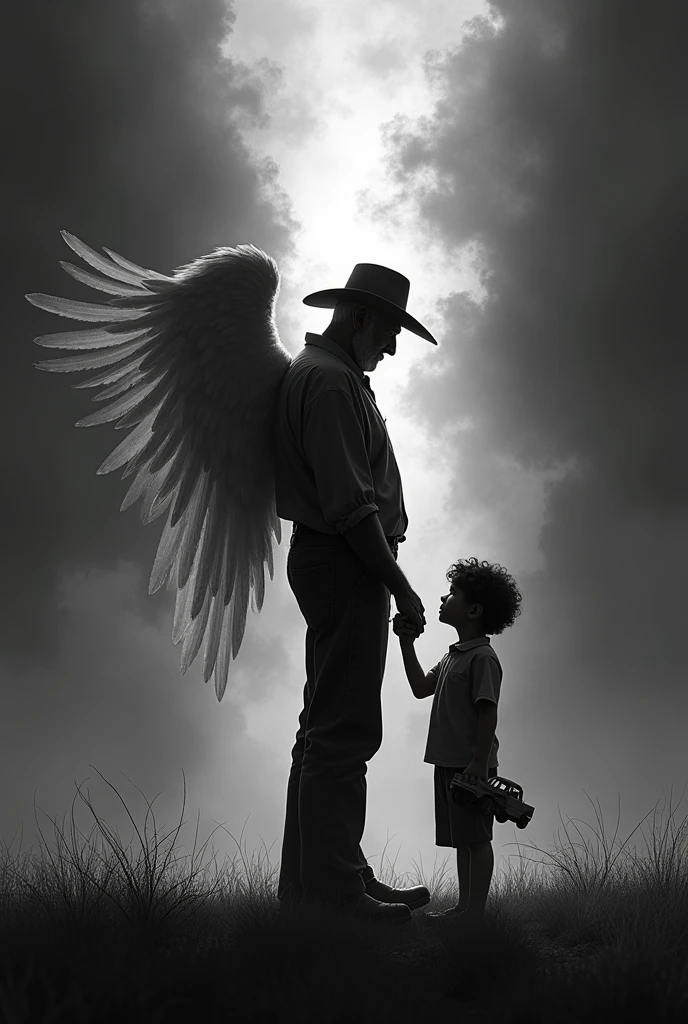 black and white silhouette, 7 year old boy, dark brown curly hair, He has a wooden truck in his hand, He takes his dad's hand, 70 years old, short hair, cattleman's hat, Dad starts levitating towards the sky, dad with wings and halo. Child and father are back to back, dark fantasy
