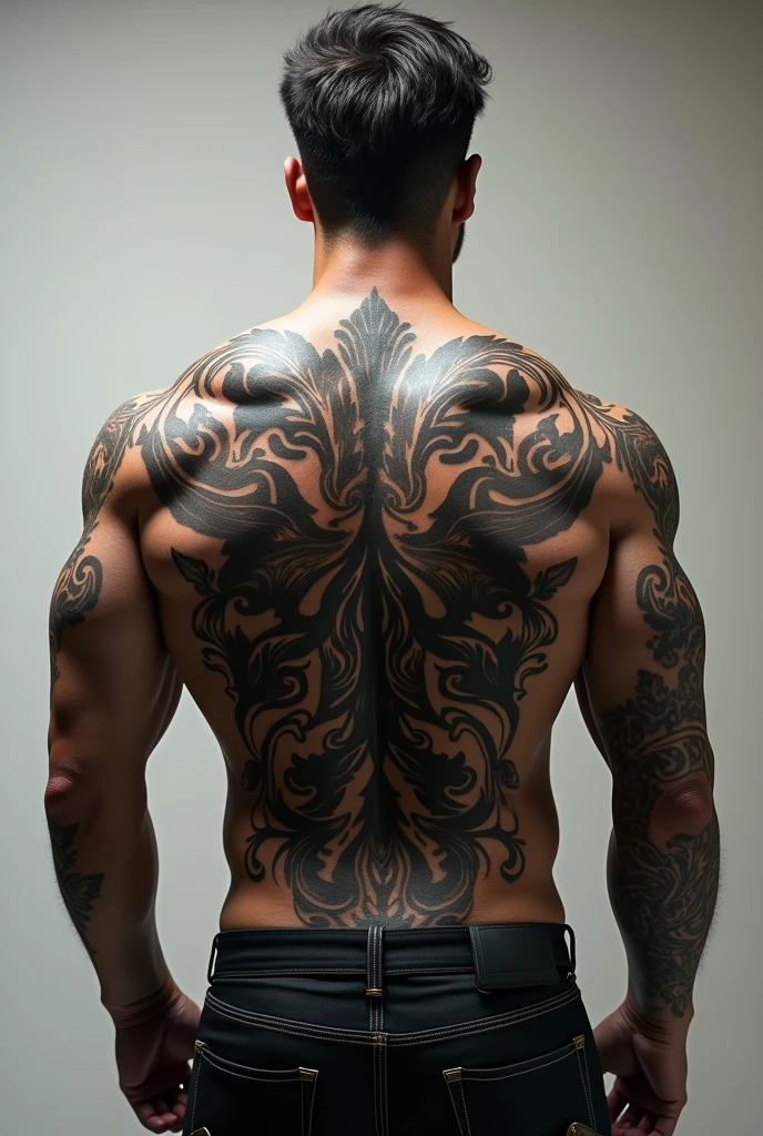 Strong man with tattooed back and attractive