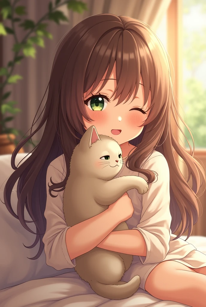 Give me an anime girl with wavevy long brow hair and green eye hugging cat