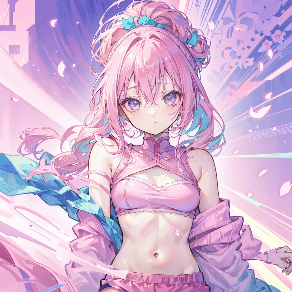 anime girl with pink hair and a pink top and blue shorts, Pink ponytail hair and cyan eyes, Smooth anime CG art, seductive anime girl, anime grandma, anime girl, Humanoid pink female squid girl, Sakura Haruno, Anime visuals of cute girls, ecchi anime style, cute anime girl, kawaii realistic portrait, pretty anime girl
