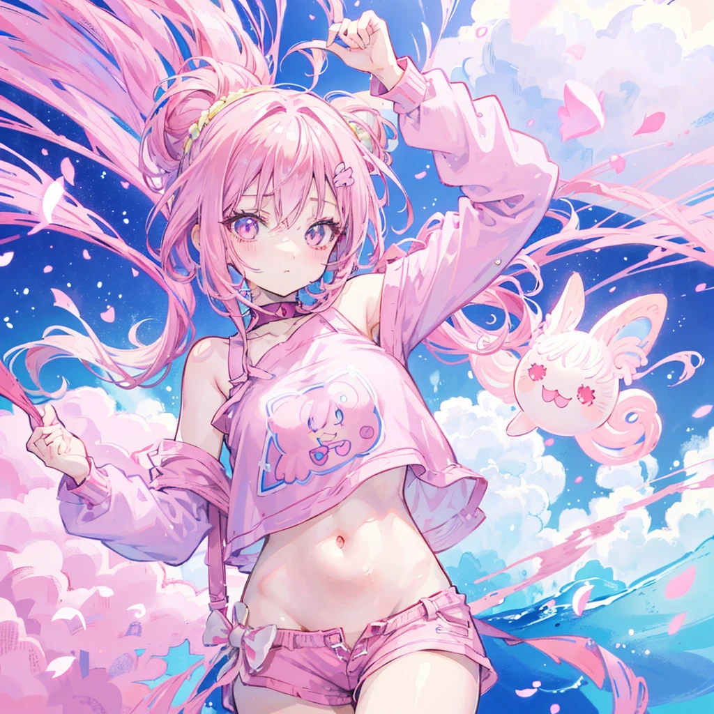 anime girl with pink hair and a pink top and blue shorts, Pink ponytail hair and cyan eyes, Smooth anime CG art, seductive anime girl, anime grandma, anime girl, Humanoid pink female squid girl, Sakura Haruno, Anime visuals of cute girls, ecchi anime style, cute anime girl, kawaii realistic portrait, pretty anime girl