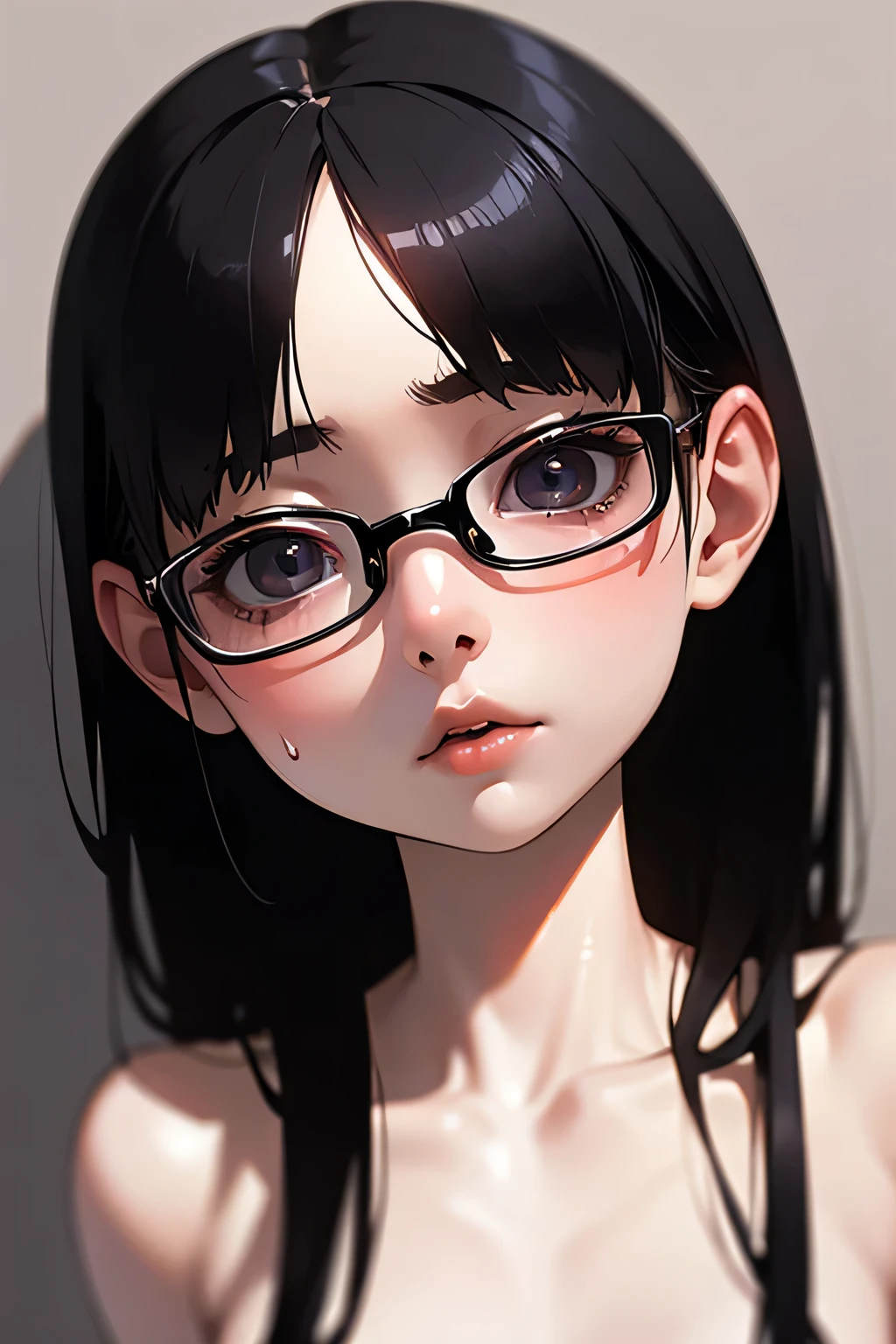 Erotic、Bedroom、Completely naked、slender、Smooth, very beautiful, white skin　A girl 、Expressionless　Glasses、Black Hair、Sweat、Close-up of face　child　Small　Big eyes　Small breasts　Open your mouth wide　Aah!　Teeth are visible　Mouth up