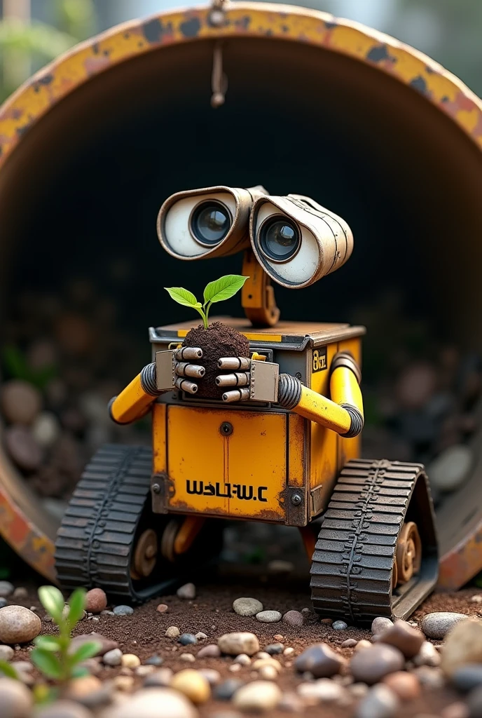 Generate an image of Wall-E inside the dumpster picking up a plant without the pot, holding the plant with both hands but without the pot, a three-branch plant without the pot, holding the plant with soil