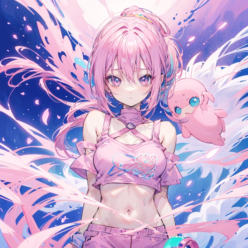 anime girl with pink hair and a pink top and blue shorts, Pink ponytail hair and cyan eyes, Smooth anime CG art, seductive anime girl, anime grandma, anime girl, Humanoid pink female squid girl, Sakura Haruno, Anime visuals of cute girls, ecchi anime style, cute anime girl, kawaii realistic portrait, pretty anime girl