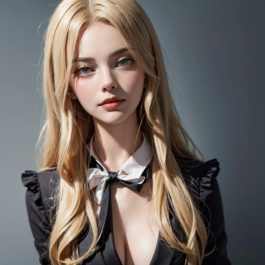 Representing black and white movies, {{1920s beauty}}, caucasian, long blond hair, {{A wealthy woman's 1920s suit}}, headshot, upright posture, slightly exposed bust, Margot Robbie, Oil Portrait Coloring, Black wallpaper