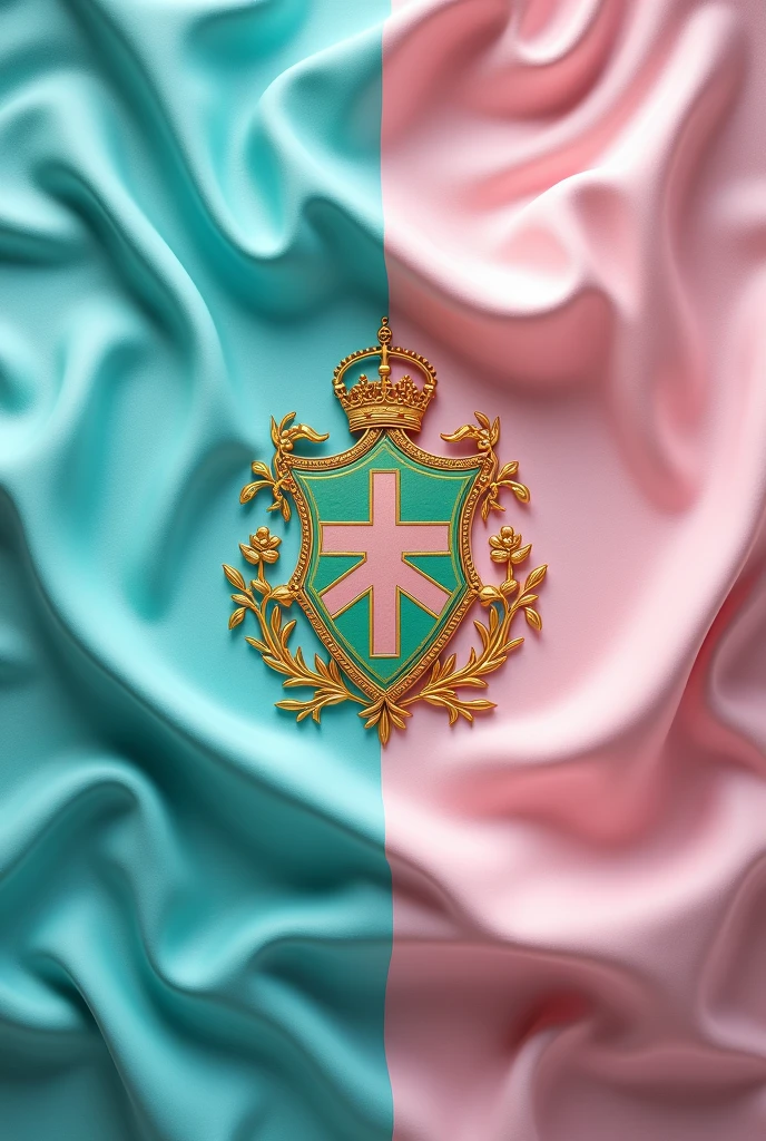 Flag with turquoise color and the other half pastel pink with a shield of an island