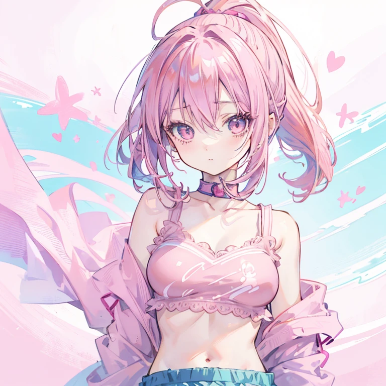 anime girl with pink hair and a pink top and blue shorts, Pink ponytail hair and cyan eyes, Smooth anime CG art, seductive anime girl, anime grandma, anime girl, Humanoid pink female squid girl, Sakura Haruno, Anime visuals of cute girls, ecchi anime style, cute anime girl, kawaii realistic portrait, pretty anime girl