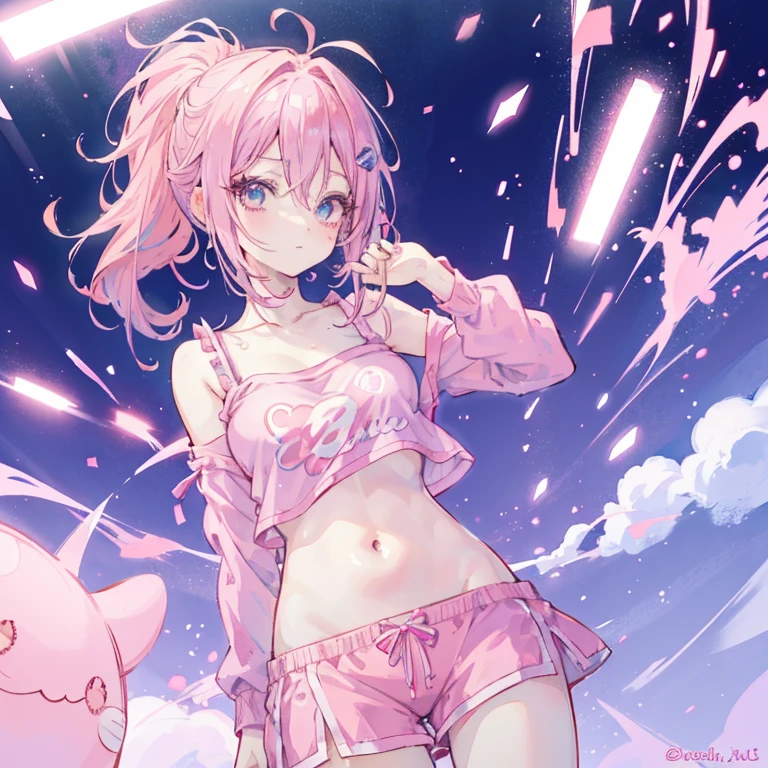 anime girl with pink hair and a pink top and blue shorts, Pink ponytail hair and cyan eyes, Smooth anime CG art, seductive anime girl, anime grandma, anime girl, Humanoid pink female squid girl, Sakura Haruno, Anime visuals of cute girls, ecchi anime style, cute anime girl, kawaii realistic portrait, pretty anime girl