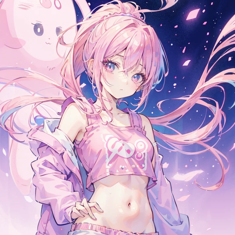 anime girl with pink hair and a pink top and blue shorts, Pink ponytail hair and cyan eyes, Smooth anime CG art, seductive anime girl, anime grandma, anime girl, Humanoid pink female squid girl, Sakura Haruno, Anime visuals of cute girls, ecchi anime style, cute anime girl, kawaii realistic portrait, pretty anime girl