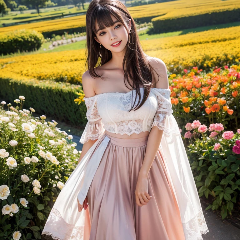 long skirt,in the flower field，Wear a dress，rotate，1 female, On the face, laughing out loud, light brown hair, blunt bangs, hair behind ears, Shoulder-length hair, long hair, Slender body type, 超face slimming型, face slimming, delicate lips, beautiful eyes, Thin blush, Eyes are light brown,View here, (actual:1.3), One person's perspective, 8k, Super detailed, high quality, best quality, High resolution, ，Large Breasts，wear a H cup, 21 years old,Off-shoulder tops，Lace top，puffy skirt