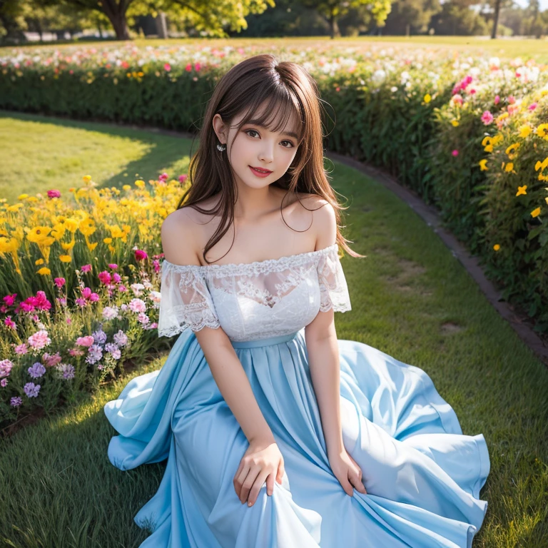 long skirt,in the flower field,Wear a dress,rotate,1 female, On the face, laughing out loud, light brown hair, blunt bangs, hair behind ears, Shoulder-length hair, long hair, Slender body type, 超face slimming型, face slimming, delicate lips, beautiful eyes, Thin blush, Eyes are light brown,View here, (actual:1.3), One person's perspective, 8k, Super detailed, high quality, best quality, High resolution, ,Large Breasts,wear a H cup, 21 years old,Off-shoulder tops,Lace top,puffy skirt