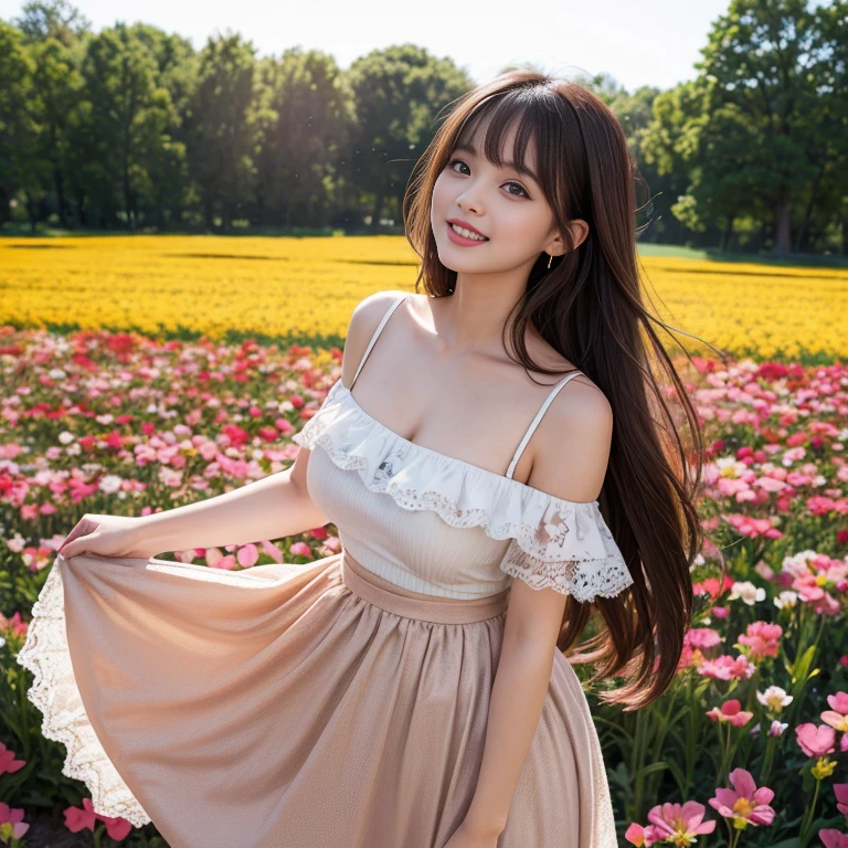 long skirt,in the flower field，Wear a dress，rotate，1 female, On the face, laughing out loud, light brown hair, blunt bangs, hair behind ears, Shoulder-length hair, long hair, Slender body type, 超face slimming型, face slimming, delicate lips, beautiful eyes, Thin blush, Eyes are light brown,View here, (actual:1.3), One person's perspective, 8k, Super detailed, high quality, best quality, High resolution, ，Large Breasts，wear a H cup, 21 years old,Off-shoulder tops，Lace top，puffy skirt