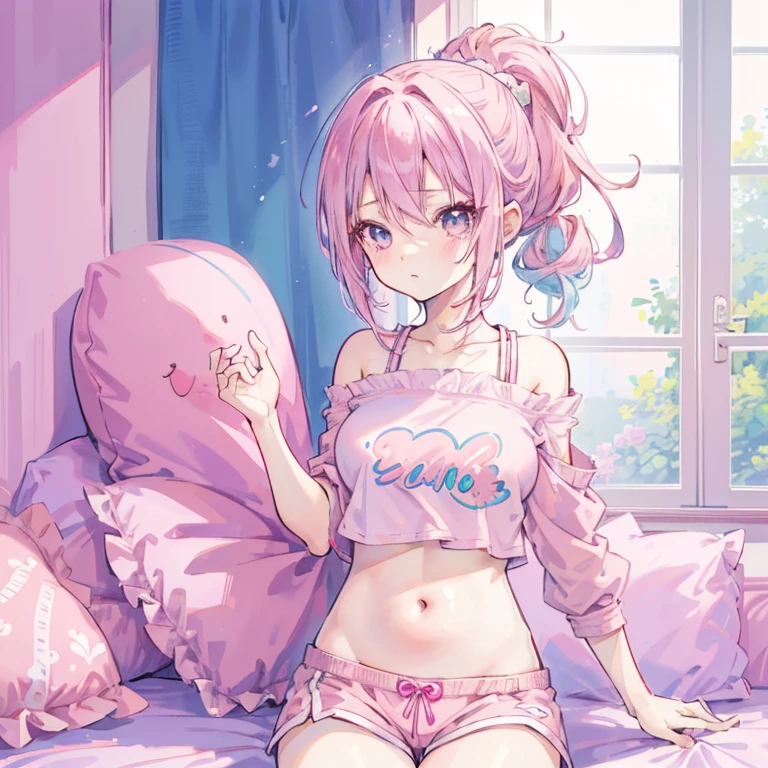 anime girl with pink hair and a pink top and blue shorts, Pink ponytail hair and cyan eyes, Smooth anime CG art, seductive anime girl, anime grandma, anime girl, Humanoid pink female squid girl, Sakura Haruno, Anime visuals of cute girls, ecchi anime style, cute anime girl, kawaii realistic portrait, pretty anime girl