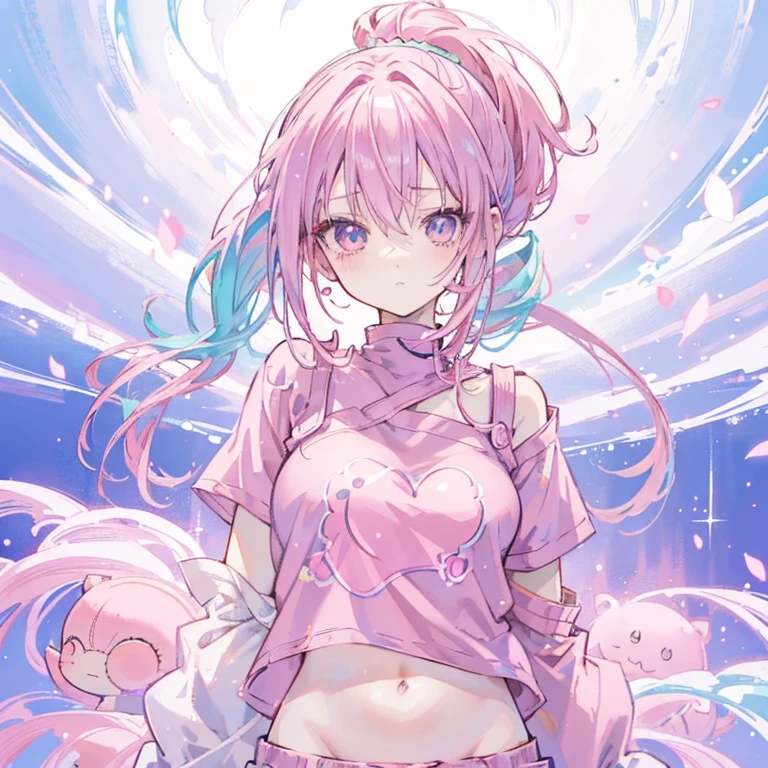 anime girl with pink hair and a pink top and blue shorts, Pink ponytail hair and cyan eyes, Smooth anime CG art, seductive anime girl, anime grandma, anime girl, Humanoid pink female squid girl, Sakura Haruno, Anime visuals of cute girls, ecchi anime style, cute anime girl, kawaii realistic portrait, pretty anime girl