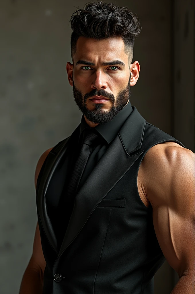 alpha man, comely,Cao Cao,brawny.  Sleeveless suit,modern stylish bold lawyer outfit.  sexy, piercing gaze, harmonious teeth with slightly sharp fangs. unsmooth skin, well designed mouth. Curly pompadour hair styled a little mohawk cut on the sides. Black eyes with greenish heterochromia. 