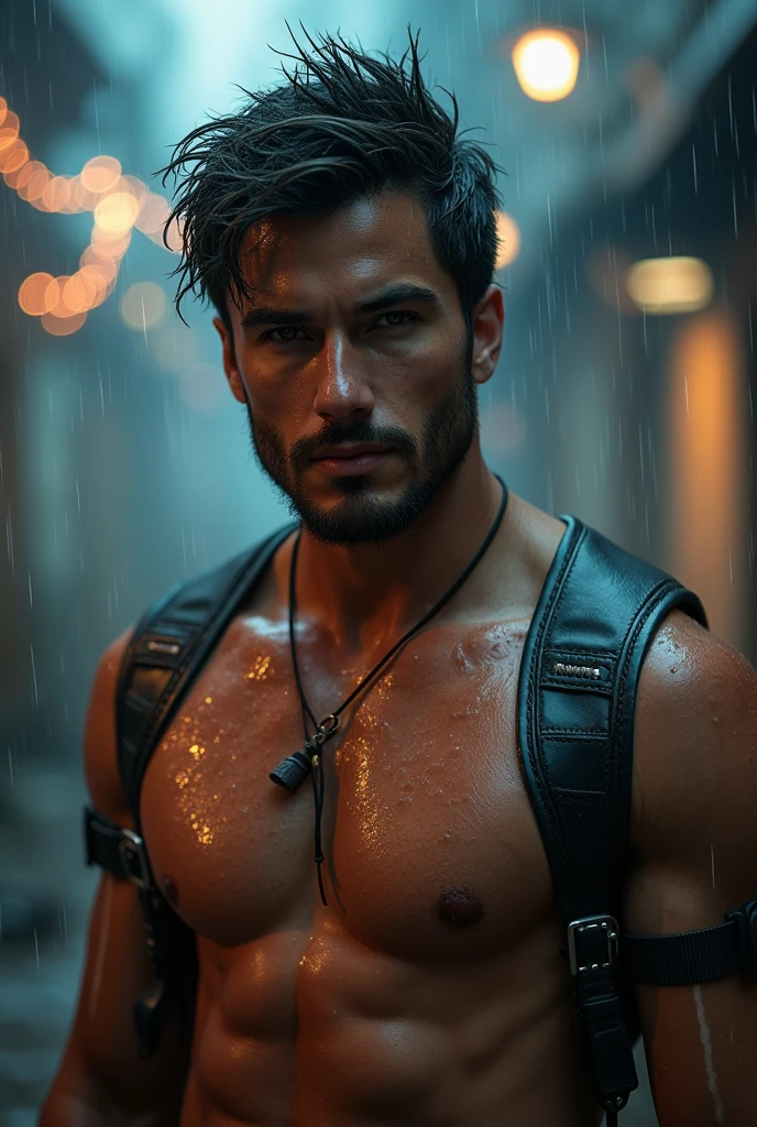 realist:1.3,( fotorrealist, 8k, RAW Photos, Premium quality, masterpiece, epic lighting. close up, Centered image), (foreground),((1 beautiful man, self-confident, well-formed muscles, post-apocalyptic, guerrero, Perfectly detailed face and body, (foreground), rainy scene, poor lighting due to rain, face and body wet from the rain,lightning lighting, dynamic pose, beautiful and detailed hair, Leather Clothes))
