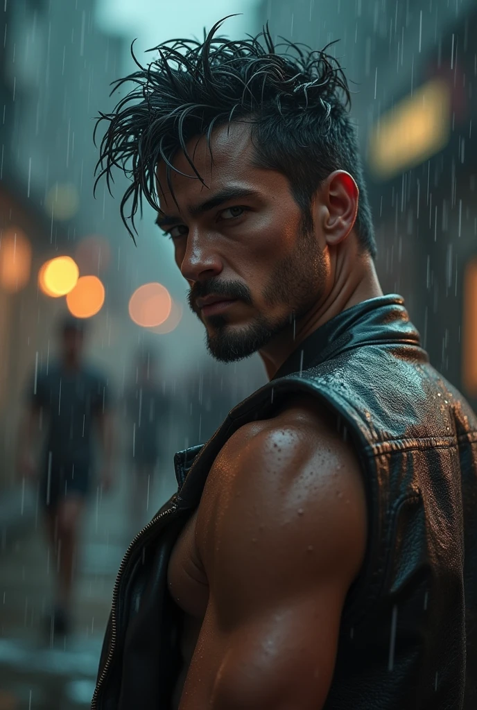 realist:1.3,( fotorrealist, 8k, RAW Photos, Premium quality, masterpiece, epic lighting. close up, Centered image), (foreground),((1 beautiful man, self-confident, well-formed muscles, post-apocalyptic, guerrero, Perfectly detailed face and body, (foreground), rainy scene, poor lighting due to rain, face and body wet from the rain,lightning lighting, dynamic pose, beautiful and detailed hair, Leather Clothes))