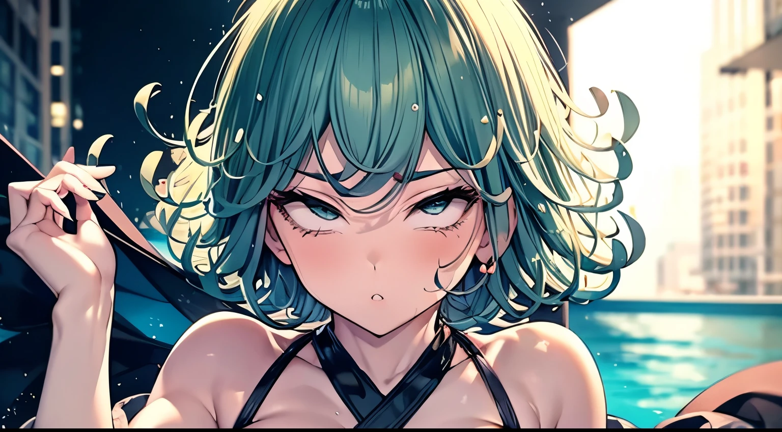 (best-Qualit, 8K, 12), 1 girl, tatsumaki, Short Hair Hair, green hair, giant breast, the perfect body, ultra detail face, detailed lips, ahg rolling eyes, （Sagging breasts， Bewitching body： 1.2), Huge breasts wrapped in skin-like bikini bras leak out，Has a deep V oversized bust，Belly leaking，Wearing a thong, the same color as the skin, you can see rich black pubic hair，The rope at one end of the panties is cut，Leakage of the ，White pulp flows out of the ，Untie the knot of the thong with one hand，The other is just to untie the knot of the bra，Super full and firm huge breasts， visible curves，full body1:1