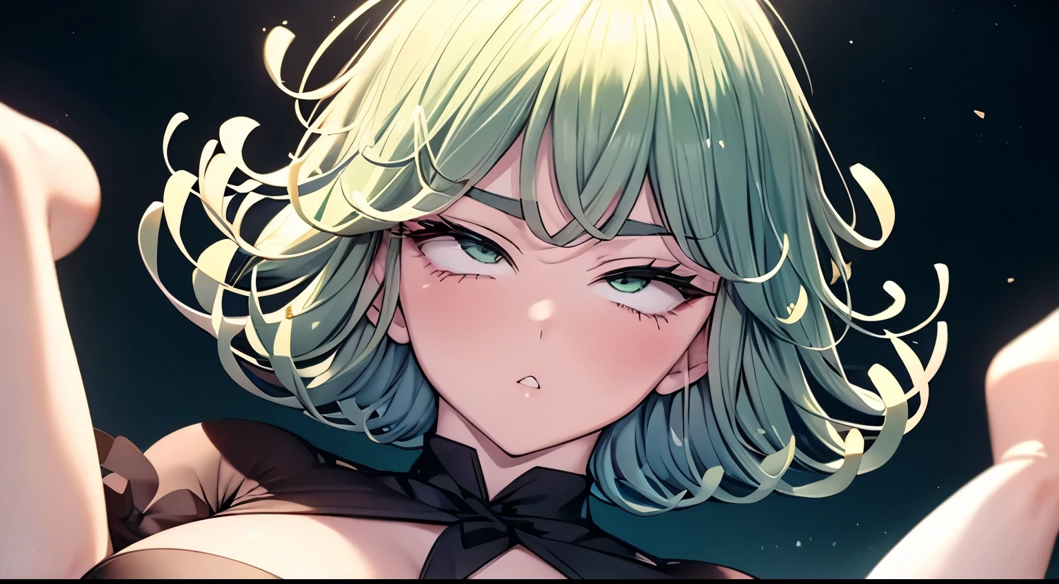 (best-Qualit, 8K, 12), 1 girl, tatsumaki, Short Hair Hair, green hair, giant breast, the perfect body, ultra detail face, detailed lips, ahg rolling eyes, （Sagging breasts， Bewitching body： 1.2), Huge breasts wrapped in skin-like bikini bras leak out，Has a deep V oversized bust，Belly leaking，Wearing a thong, the same color as the skin, you can see rich black pubic hair，The rope at one end of the panties is cut，Leakage of the ，White pulp flows out of the ，Untie the knot of the thong with one hand，The other is just to untie the knot of the bra，Super full and firm huge breasts， visible curves，full body1:1