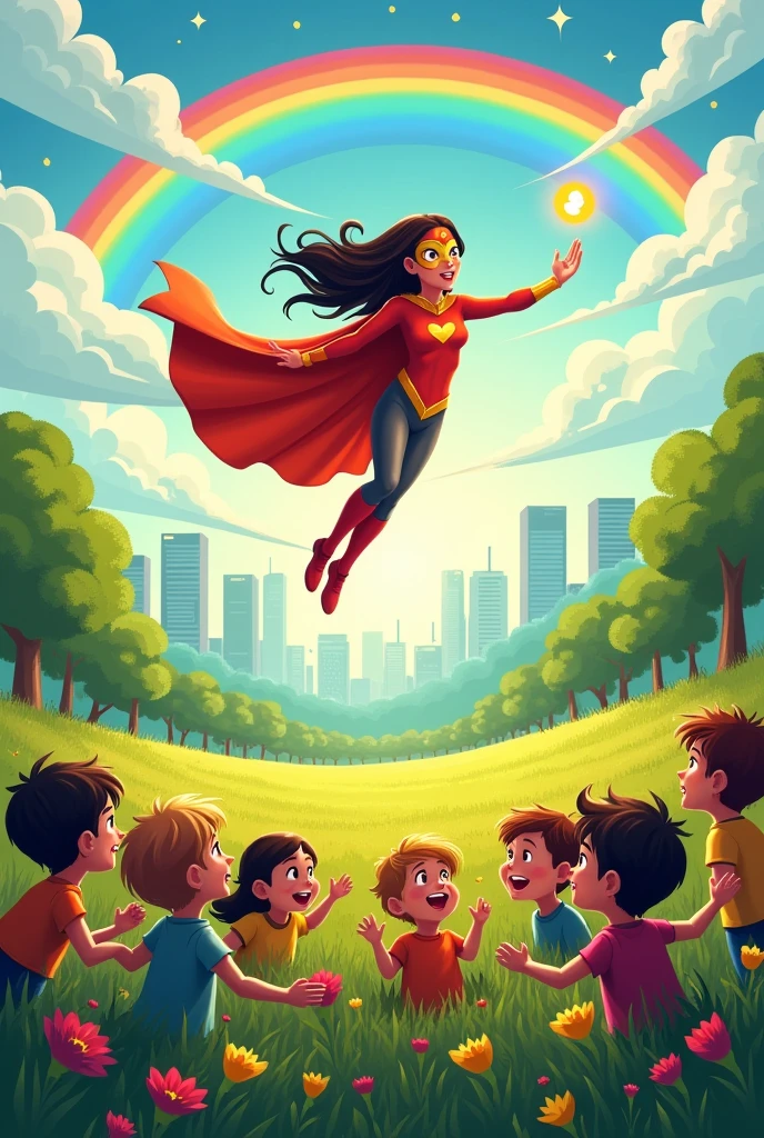 CREATE A STORY COVER WHERE THERE IS A LOVE SUPERHERO CALLED LUMINITO, THAT SHE IS A GIRL FLYING AND WHO WEARS A MASK DECORATED WITH GOLDEN HEARTS AND WEARS A CAPE, IN A FIELD WHERE THERE ARE MANY HAPPY CHILDREN LOOKING UP AT THE SUPERHERO, LET&#39;S SEE A RAINBOW AND A LOT OF VEGETATION, THAT HAS AN URBAN ATMOSPHERE TOO