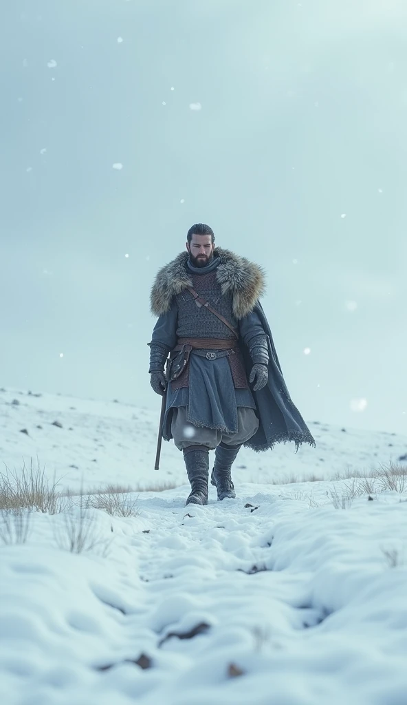A vast snowy field, Male warrior, high resolution, The Lonely Warrior, Flower of the eye,  Snow flurries are fluttering, 8k, Wandering through the snowy fields