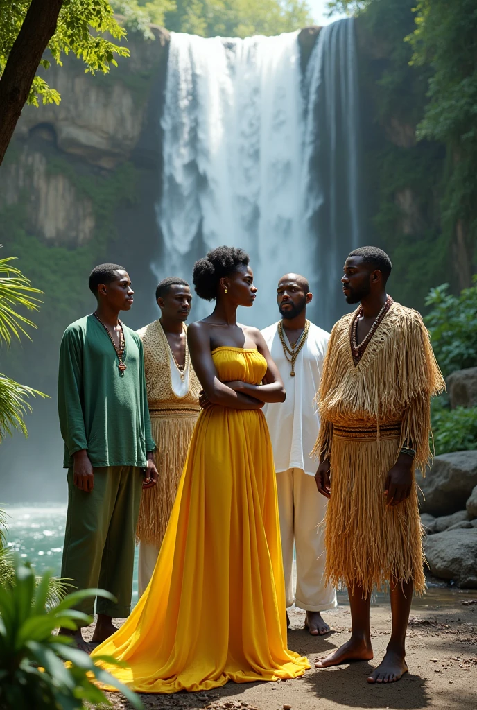 A black woman in a yellow dress, a black man dressed in white, a black man dressed in green and a black man covered in straw clothes up to his head at a waterfall