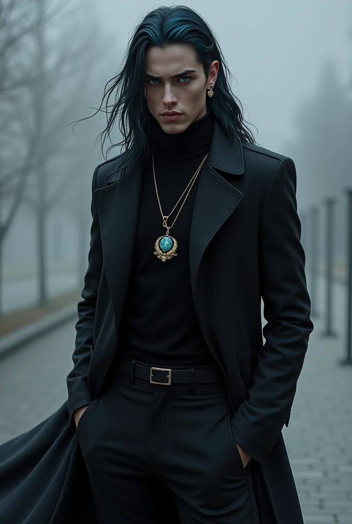 (Meu nome é Nikolay Dostoevski, I'm a man, I'm Russian, I have long black hair with vibrant blue highlights, my eyes are vibrant ocean blue, I wear a long black coat with a black turtleneck underneath, I wear black pants matching the blouse and chic black shoes, I wear a gold necklace with a vibrant blue dragon-shaped stone, I wear an earring in my left ear with my family crest, I have cold and rigid eyes)