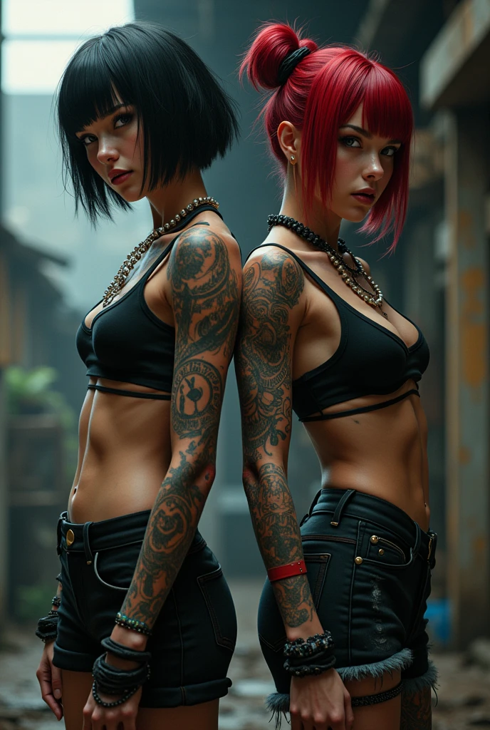 A couple of girls, one with short black hair down to her chin and another girl with masculine hair with a red streak in her bangs, tattooed and muscular