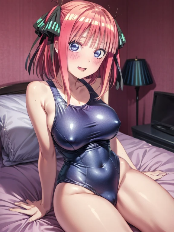 best quality, insanely detailed, nino nakano, breasts, blush, bedroom background, looking at viewer, cheerful eyes,arousal, one-piece swimsuit,add_detail:-1