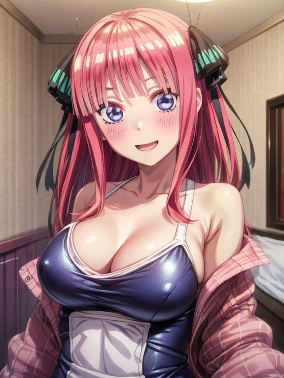 best quality, insanely detailed, nino nakano, breasts, blush, bedroom background, looking at viewer, cheerful eyes,arousal, one-piece swimsuit,add_detail:-1