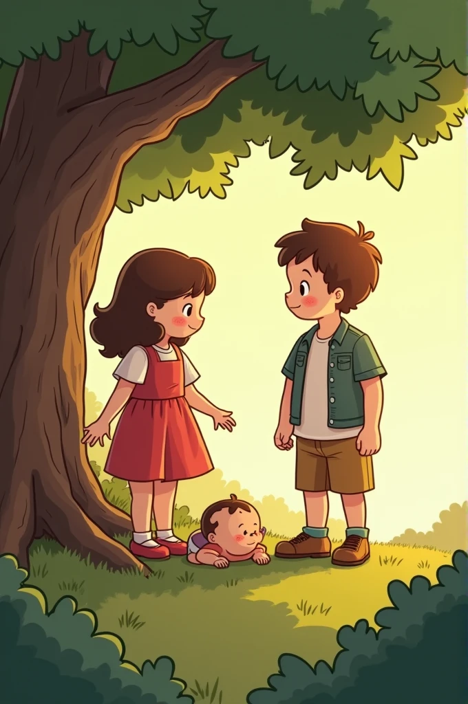 Brother and sister found a baby under a tree cartoon