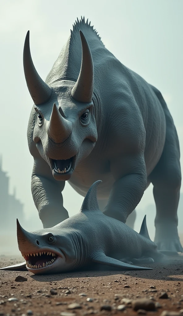 "Create a hyper-realistic image showing a dramatic scene between a Megalodon shark and a Triceratops. The image features a defeated Megalodon shark lying on the ground, clearly exhausted and beaten. Nearby, the enormous, powerful Triceratops dominates the scene as the clear winner. The Triceratops, depicted as a giant prehistoric dinosaur, has sharp horns and an imposing size that contrasts with the vulnerable position of the Megalodon shark. The setting is stark and emphasizes the Megalodon shark's loss and the Triceratops's dominance. The details of both animals are extremely realistic, focusing on the Megalodon shark's scales and teeth and the Triceratops's rough, scaly skin and horns. The image is in portrait orientation with a resolution of 1080x1920."