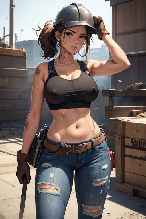 robust confident woman, construction worker, tank crop top, low waist torn jeans, dirty clothes, dirty skin, carrying, voluptuous, sexy body, workers, sweat, covered nipples, work helmet, work gloves, tools belt