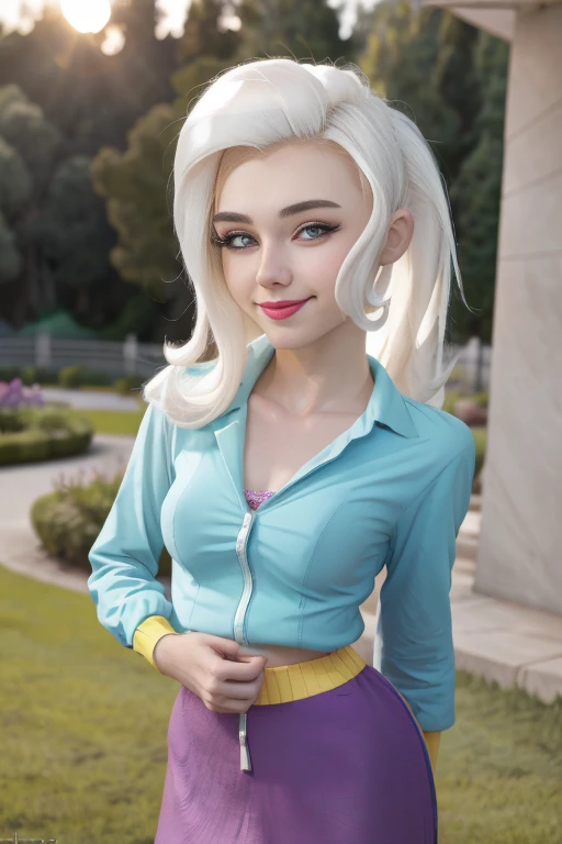 (masterpiece, The best quality:1.2), Alone, 1 girl , beautiful teenager europea , Caucasian , mlp , Trixie Lulamoon , Nice smile , make up  , looking at the viewer , mlp , 17 years , beautiful teenager , Teenage model , turquoise eyes , inside, Sunset , park , garden ,Full body photo  , happy , Nice smile , long white hair , long white hair , medium breasts , wear fancy clothes 