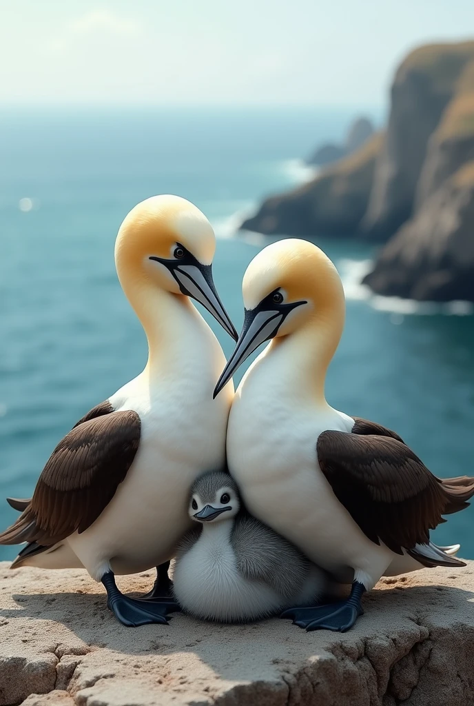 Adult gannets with their chick