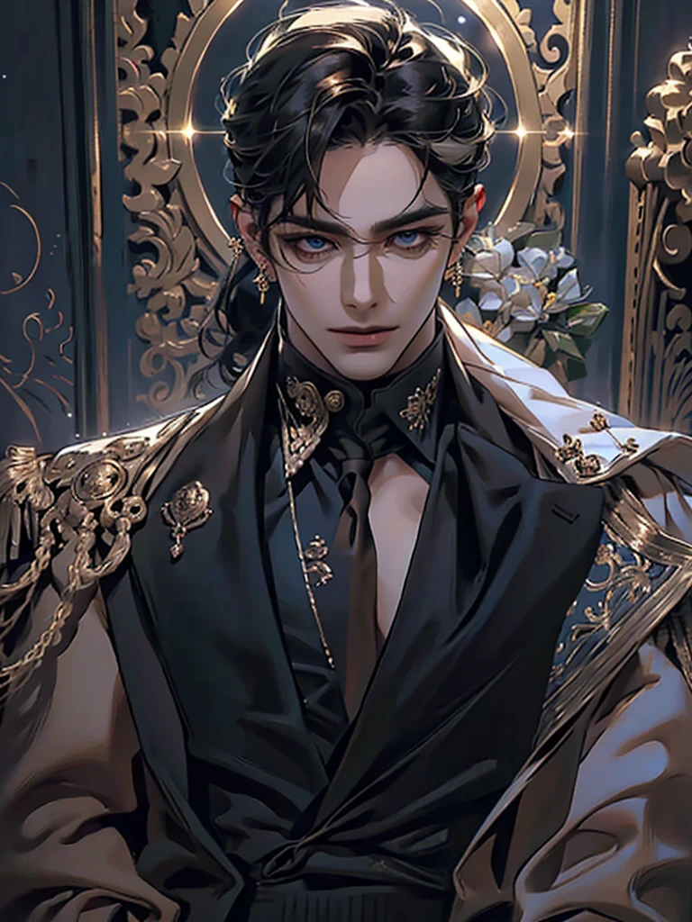 close-up cleavage, Handsome men, golden eyes, (Focus eyes, detail eyes, The eyes are bright), (looking at the view), (focus face), (Focus gold accessories on clothes), Medium long black hair, ear piercings, medium skin, dark blue coat, Meticulous suit, gold accessories on clothes, dark blue ties (perfect anatomia:1.2), Highqualityshadow, natural lighting, (White highlights), (starrysky), (shining), enchanted, small smirk