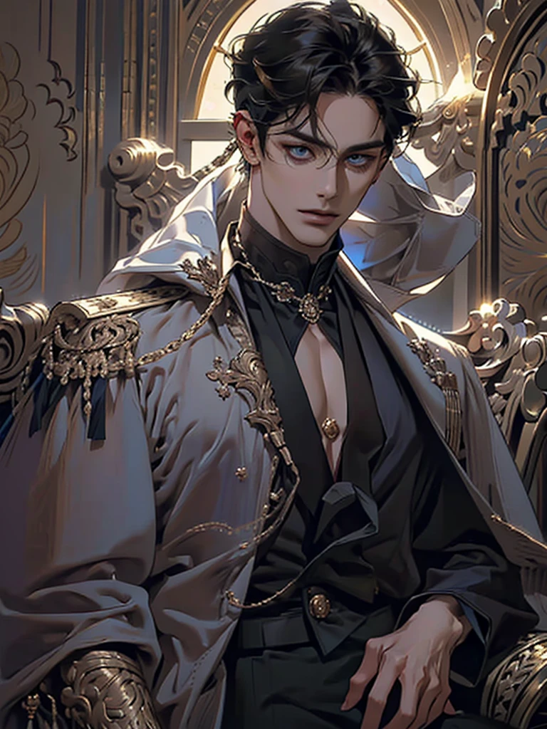 close-up cleavage, Handsome men, golden eyes, (Focus eyes, detail eyes, The eyes are bright), (looking at the view), (focus face), (Focus gold accessories on clothes), Medium long black hair, ear piercings, medium skin, dark blue coat, Meticulous suit, gold accessories on clothes, dark blue ties (perfect anatomia:1.2), Highqualityshadow, natural lighting, (White highlights), (starrysky), (shining), enchanted, small smirk