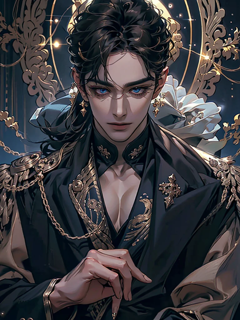 close-up cleavage, Handsome men, golden eyes, (Focus eyes, detail eyes, The eyes are bright), (looking at the view), (focus face), (Focus gold accessories on clothes), Medium long black hair, ear piercings, medium skin, dark blue coat, Meticulous suit, gold accessories on clothes, dark blue ties (perfect anatomia:1.2), Highqualityshadow, natural lighting, (White highlights), (starrysky), (shining), enchanted, small smirk