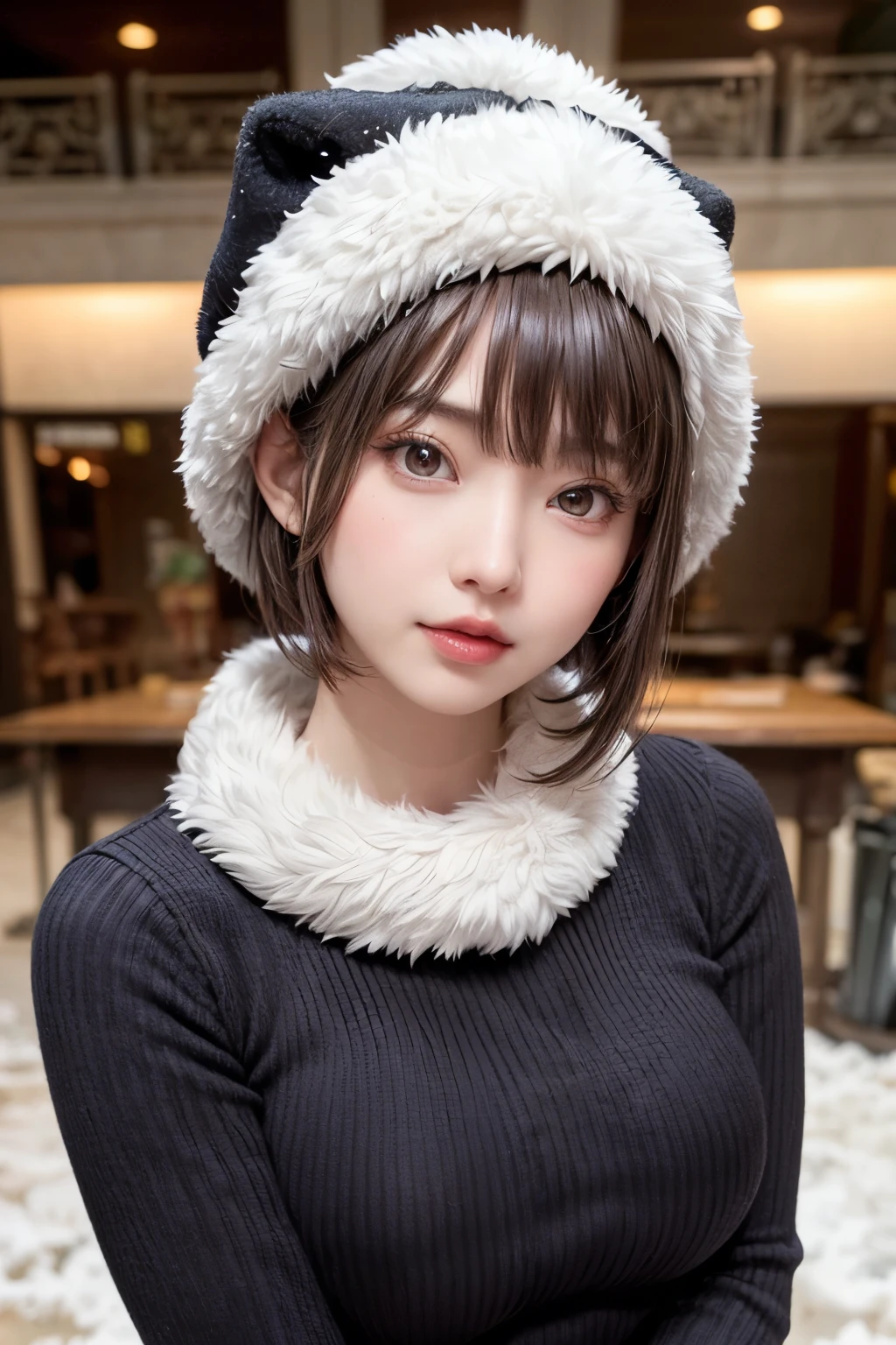 (masterpiece, Highest quality),One Girl, alone, Black-haired, scarf, Have, Realistic, Realistic, Looking at the audience, Light-coloured black eyes, Short brunette bob, Brown coat, Winter clothes, White headscarf, lips, prohibit, Plein Air, Mouth closed, Upper Body、Big eyes、eyelash、((Beautiful landscape with sparkling snow、Large snowflake motif、A beautiful snowy scene with no people around))、(((Short bob hair with bangs、Shiny Hair、Big eyes、large full chest、Highlights the eyes、Gazing at the audience、Beautiful beauty、Listen carefully、Long neck、Laugh a little、Please close your mouth and laugh、Ideal body type)))、{Huge|big|Hugeな|Mega} chest:2, chestの谷間:2、Very cute smile