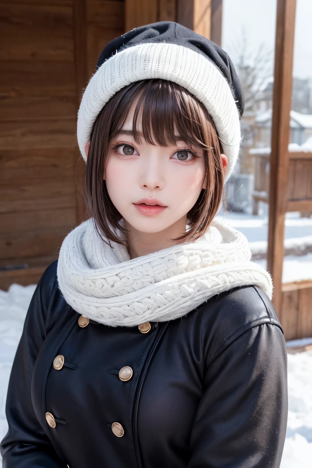 (masterpiece, Highest quality),One Girl, solo, Black-haired, scarf, hat, Realistic, Realistic, Looking at the audience, Light-coloured black eyes, Short brunette bob hair, Brown coat, Winter clothes, White headscarf, Lips, Bans, Plein Air, Mouth closed, Upper body、Big eyes、Eyelashes、((Beautiful landscape with sparkling snow))、(((Short bob hair with bangs、Shiny Hair、Big eyes、large full chest、Intensely accentuates the eyes、Staring at the audience、Beautiful beauty、Listen carefully、Long neck、Smile a little、Please close your mouth and laugh、Ideal body proportions)))、{huge|big|hugeな|Mega} chest:2, chestの谷間:2