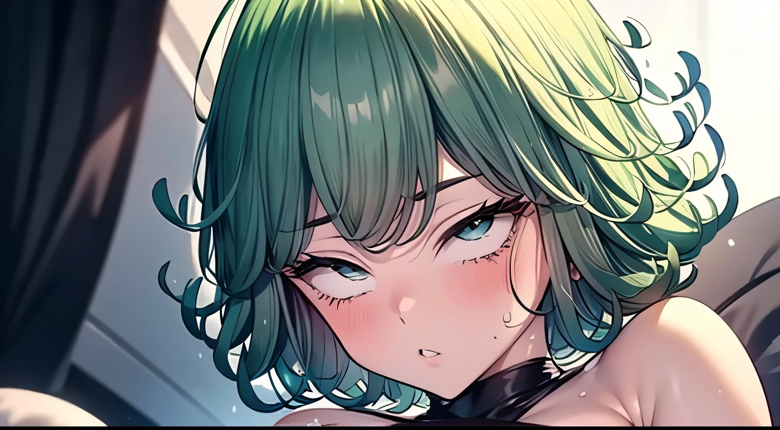 (best-Qualit, 8K, 12), 1 girl, tatsumaki, Short Hair Hair, green hair, giant breast, the perfect body, ultra detail face, detailed lips, ahg rolling eyes, （Sagging breasts， Bewitching body： 1.2), Huge breasts wrapped in skin-like bikini bras leak out，Has a deep V oversized bust，Belly leaking，Wearing a thong, the same color as the skin, you can see rich black pubic hair，The rope at one end of the panties is cut，Leakage of the ，White pulp flows out of the ，Untie the knot of the thong with one hand，The other is just to untie the knot of the bra，Super full and firm huge breasts， visible curves，full body1:1