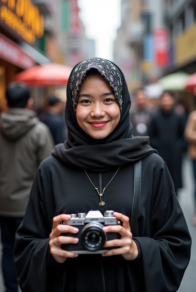 photo of a beautiful slightly fat Asian girl wearing a hijab and black robe, 20 years old, carrying a camera, smiling towards the front, urban view with lots of people passing by, bokeh, focus on her, Fujifilm colour style